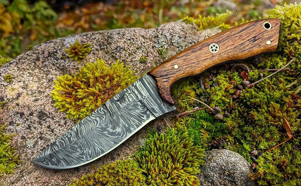 Wilderness Guardian – Handcrafted Damascus Hunting Knife with Rosewood Handle, 9.5" Fixed Blade with Premium Sheath - HomeTown Knives