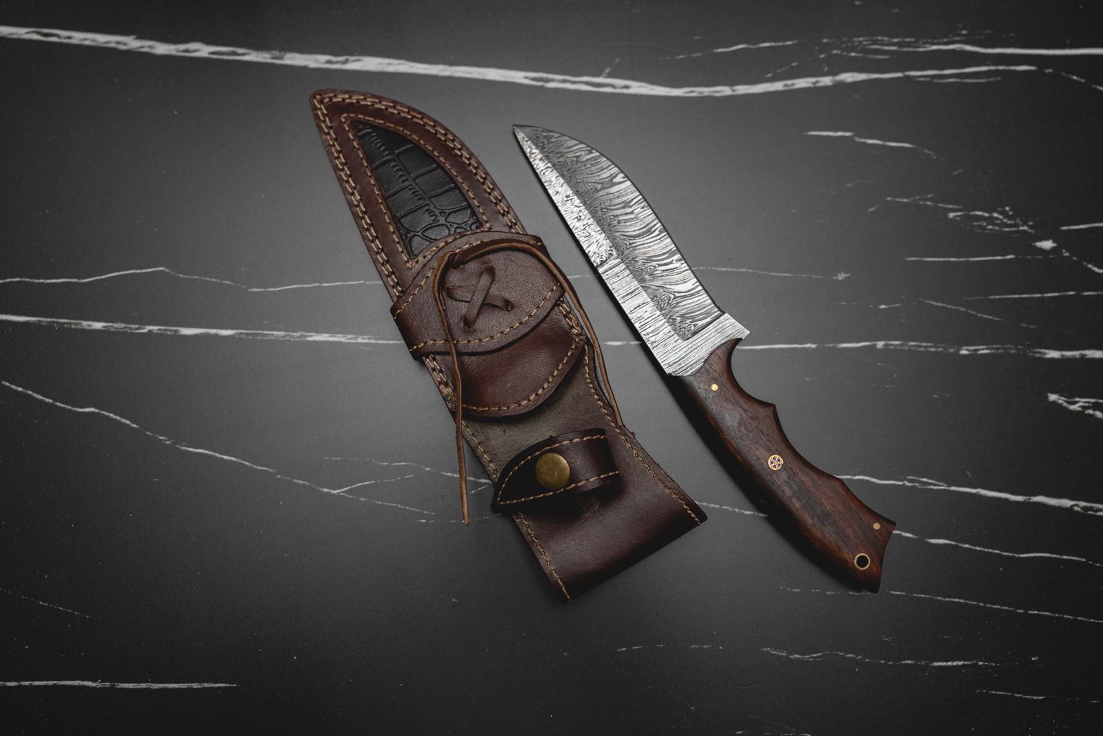 Wilderness Guardian – Handcrafted Damascus Hunting Knife with Rosewood Handle, 9.5" Fixed Blade with Premium Sheath - HomeTown Knives
