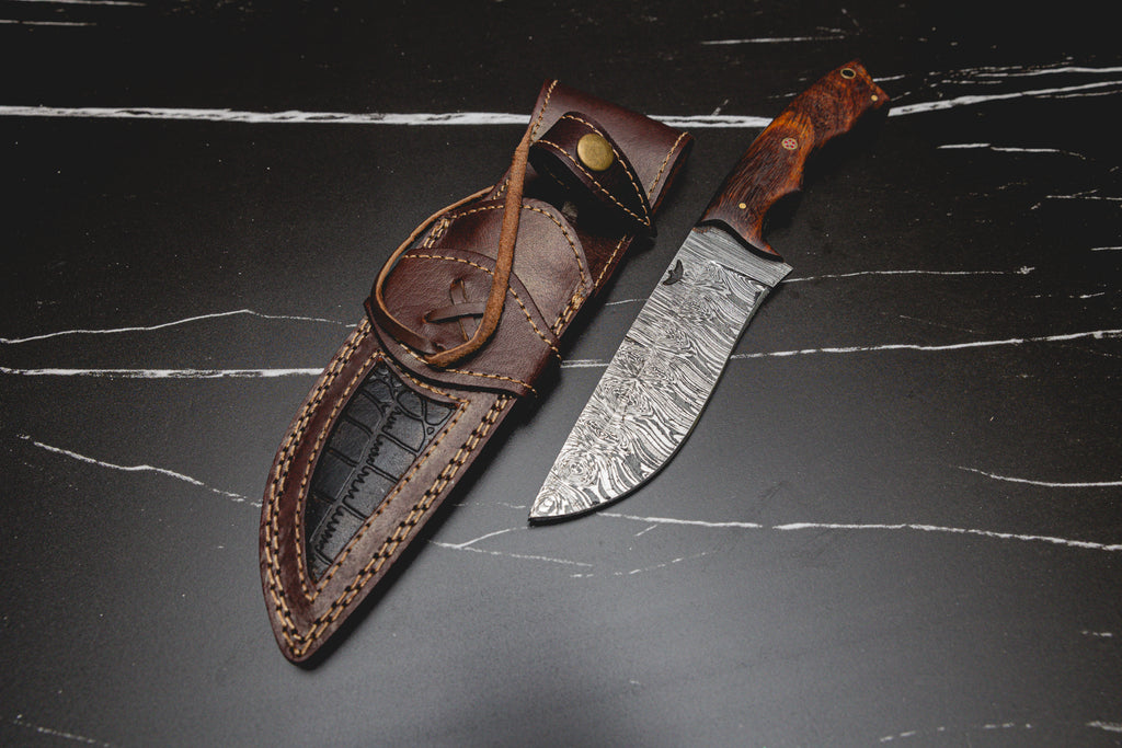 Wilderness Guardian – Handcrafted Damascus Hunting Knife with Rosewood Handle, 9.5" Fixed Blade with Premium Sheath - HomeTown Knives