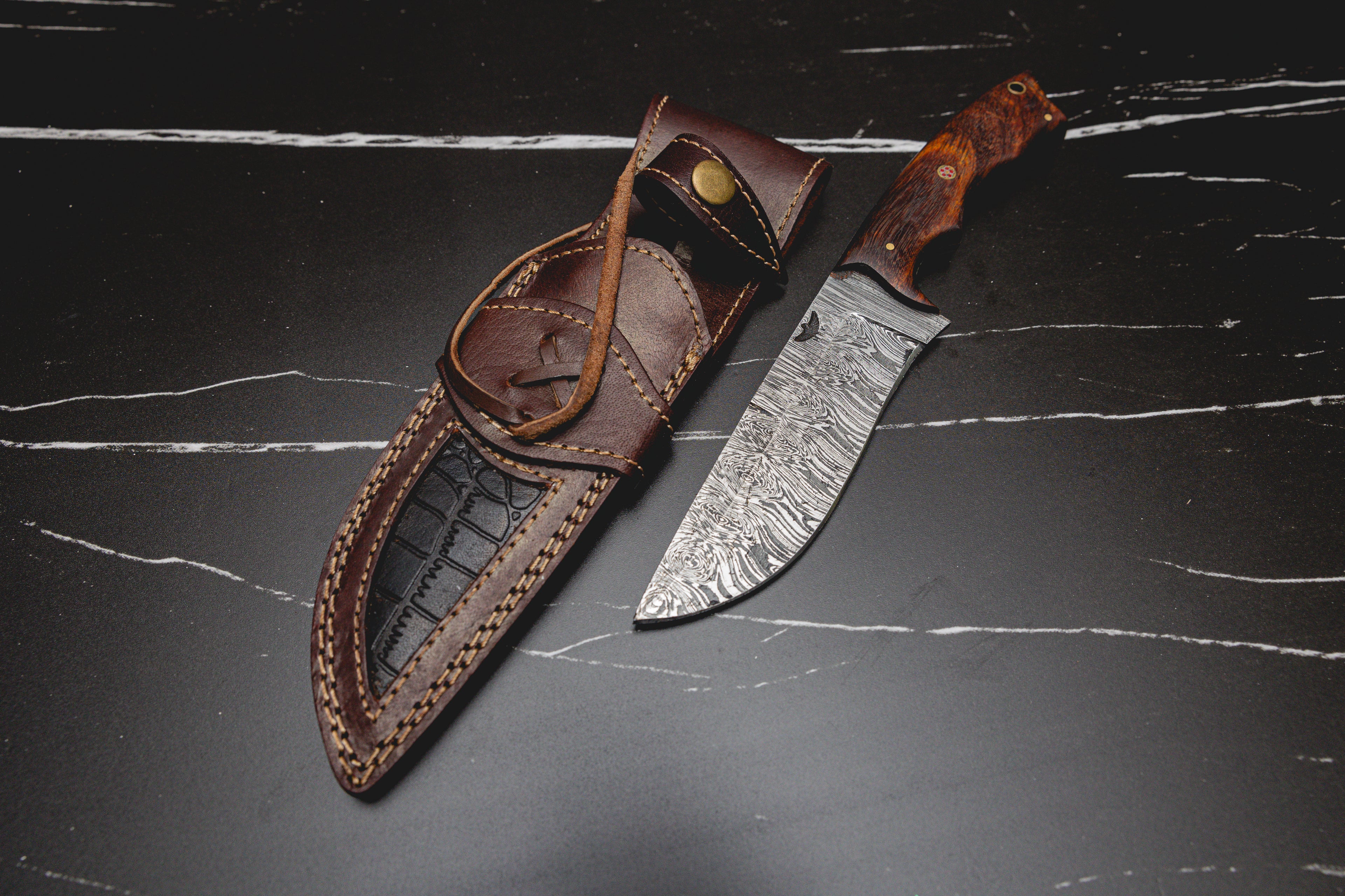 Wilderness Guardian – Handcrafted Damascus Hunting Knife with Rosewood Handle, 9.5" Fixed Blade with Premium Sheath - HomeTown Knives