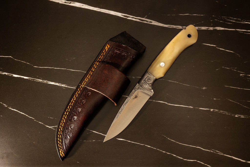 HTK44 - SSBE4 - Engraved Bone Drop Point - HomeTown Knives