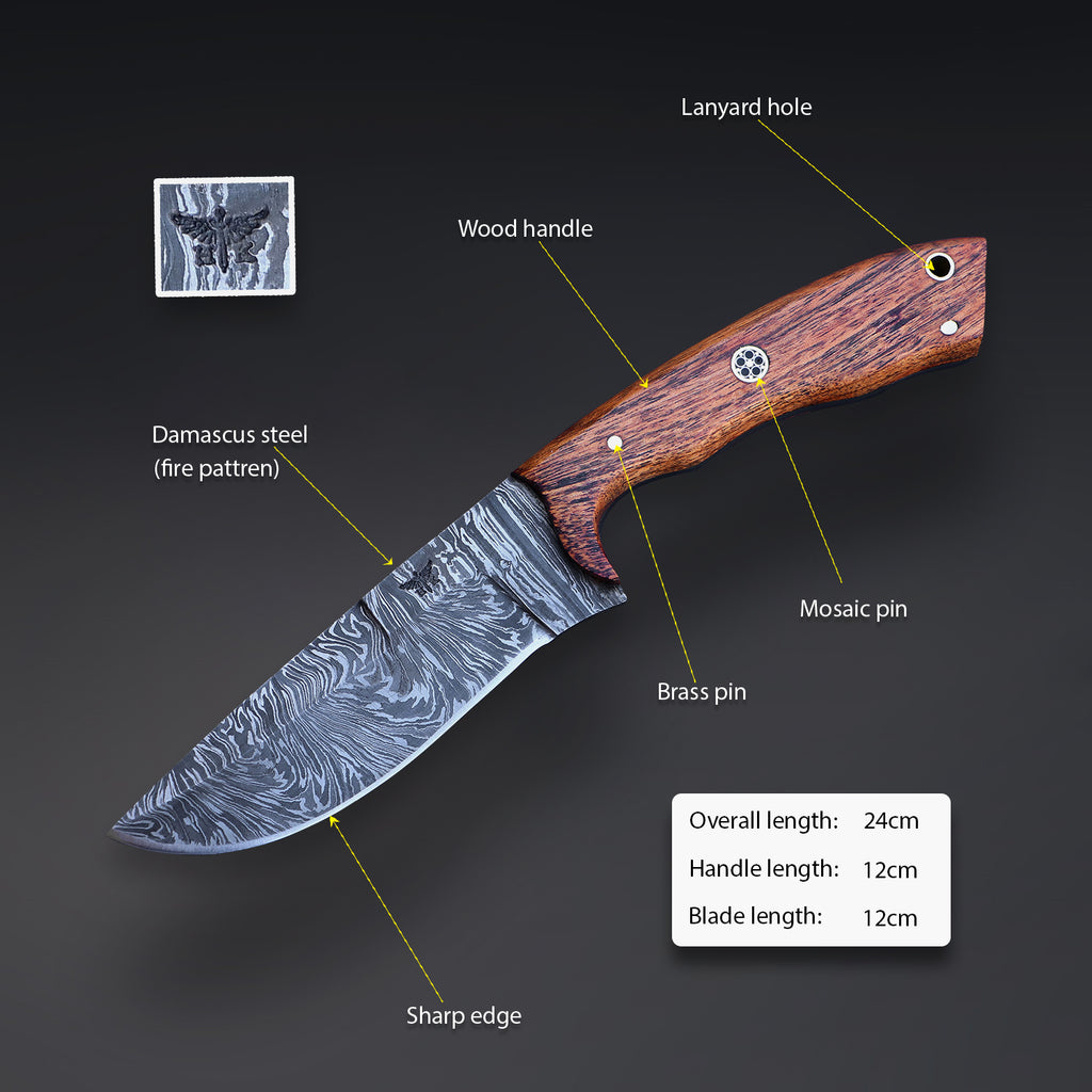Wilderness Guardian – Handcrafted Damascus Hunting Knife with Rosewood Handle, 9.5" Fixed Blade with Premium Sheath - HomeTown Knives