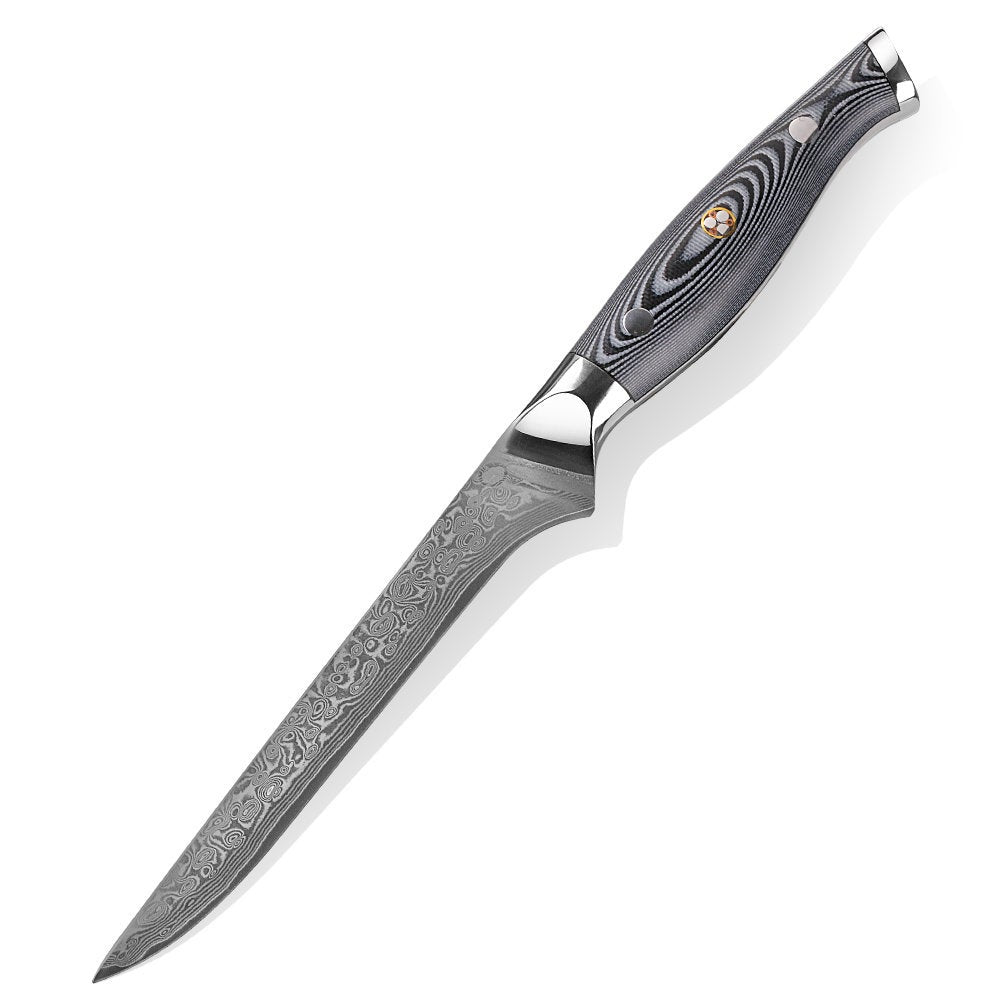 HTC-13 - Fillet Knife ǁ Black VG10 Sanmai Stainless Damascus ǁ Flexible ǁ Ergonomic ǁ Professional Chef ǁ Sharp & Holes Edge