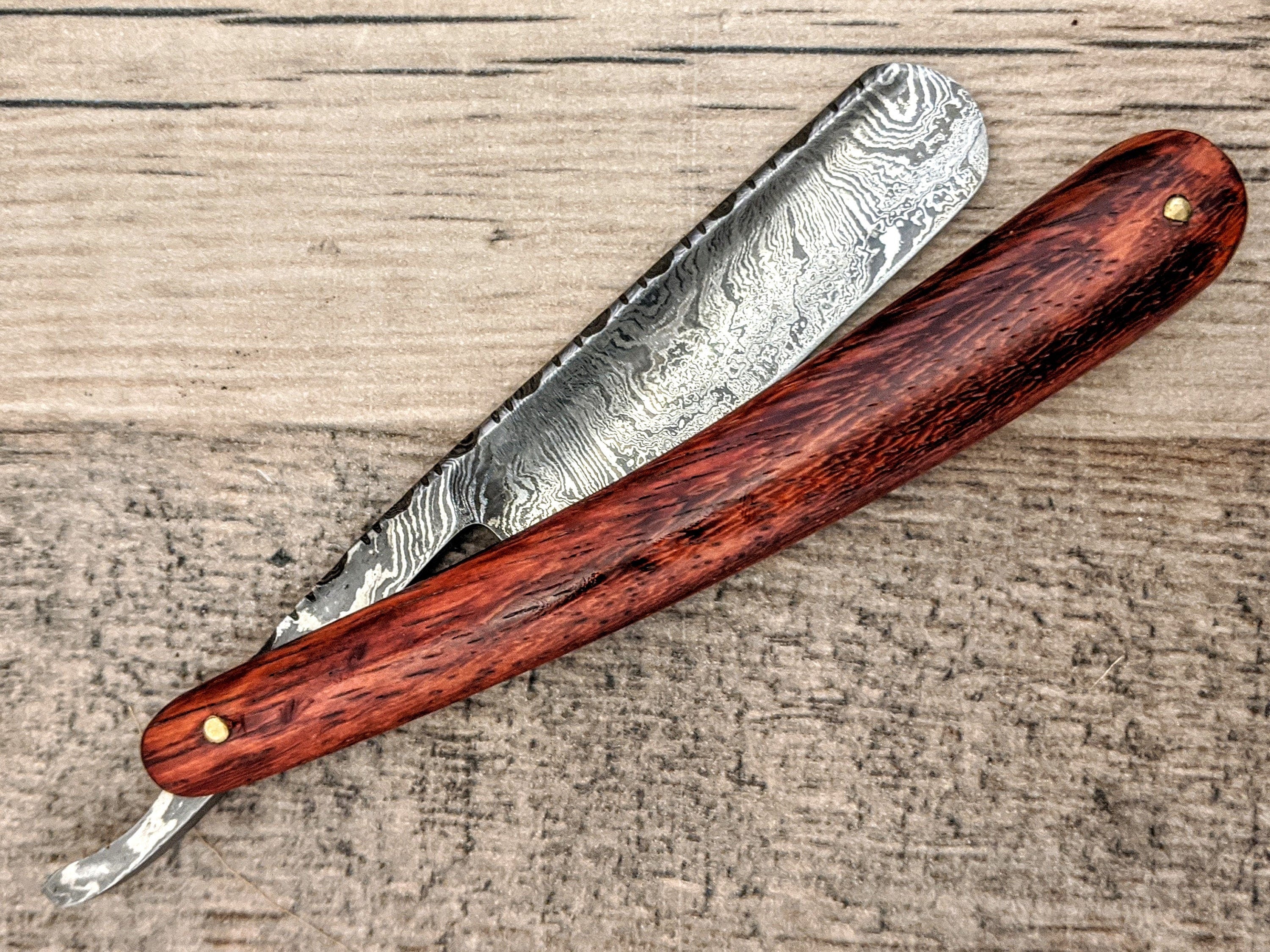 HTR9a Damascus Straight Razor  / Shave / Handmade / Custom / Forged / Paduk Handle / Hand Filed Spine / Utility - HomeTown Knives
