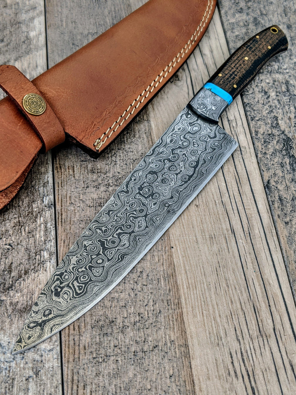 HTS475 Damascus 13" CHEF Knife // Turquoise Stone with Black Micarta Handle // Professional Grade // Sharp and Functional - HomeTown Knives