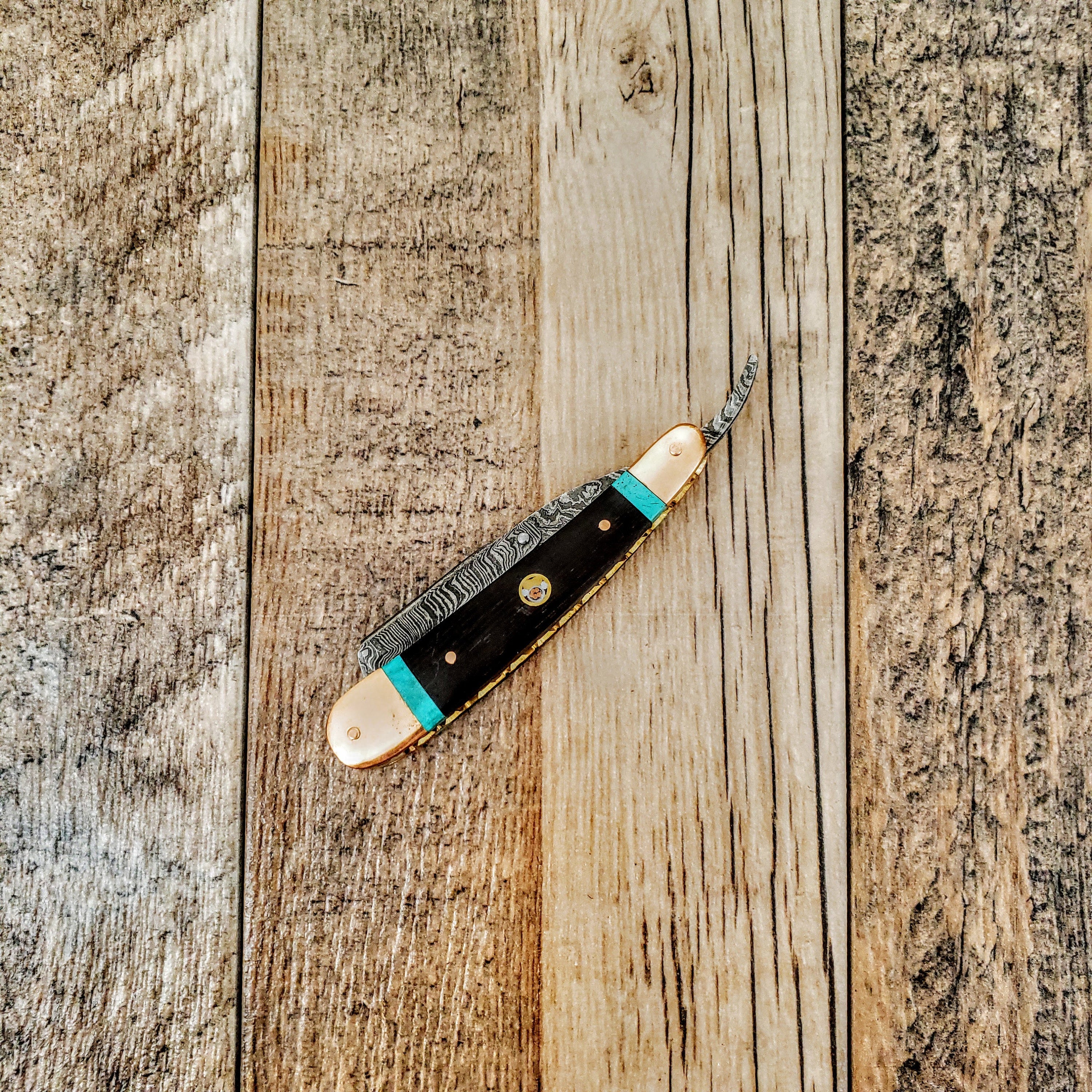 HTRR2 // Replaceable Blade Damascus Straight Razor // Close Shave // UNIQUE Handmade // Custom //  Turquoise + Wenge + Copper Scales - HomeTown Knives