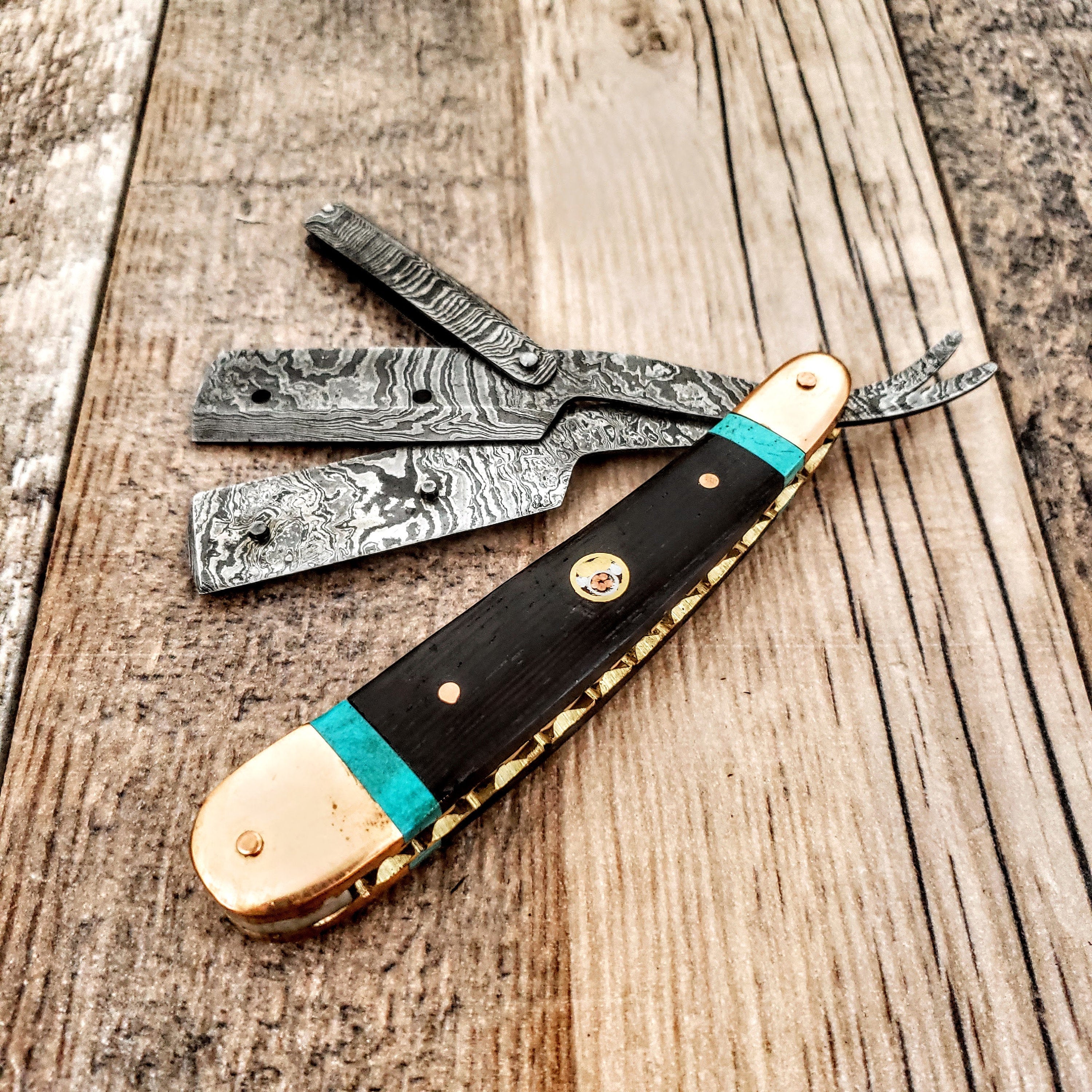 HTRR2 // Replaceable Blade Damascus Straight Razor // Close Shave // UNIQUE Handmade // Custom //  Turquoise + Wenge + Copper Scales - HomeTown Knives